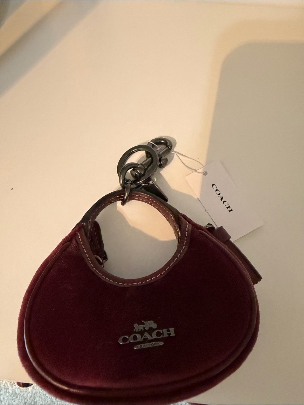 Coach Burgundy Velvet Mini Coin Pouch with Keyring